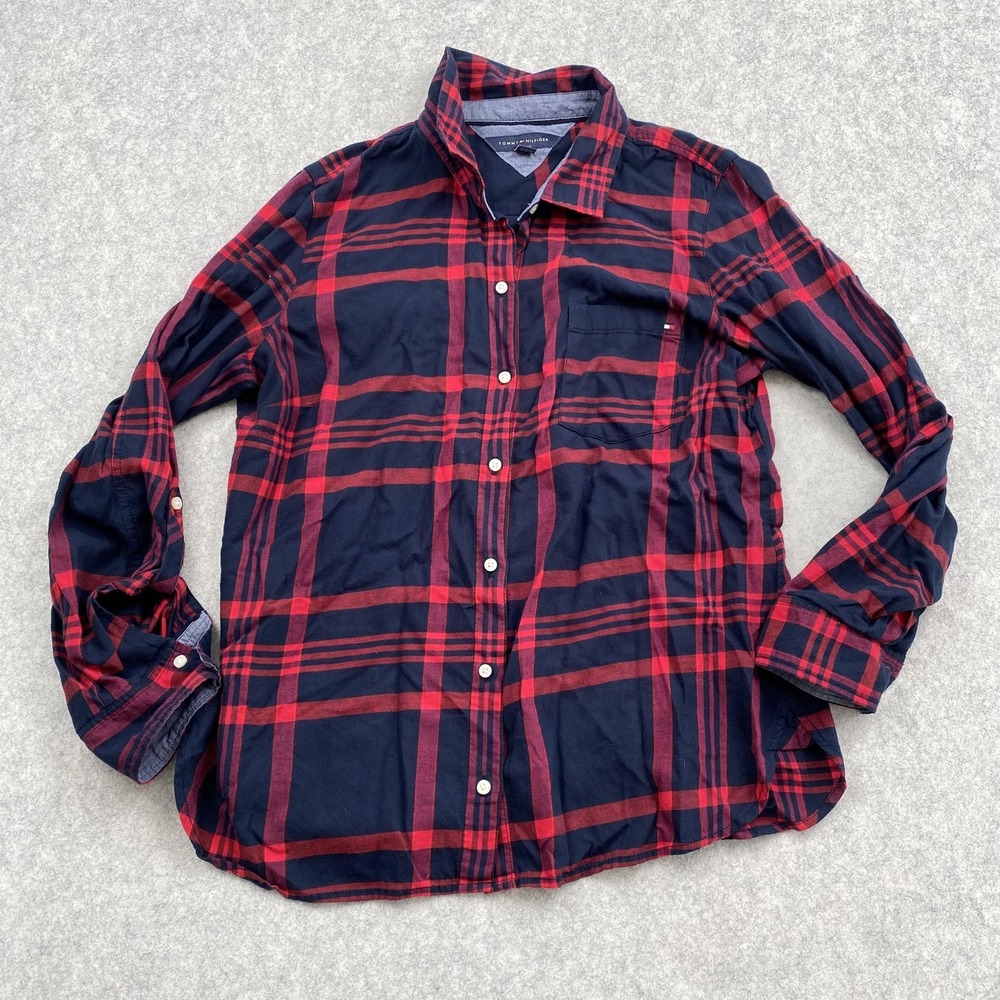 Tommy Hilfiger Shirt Mens Large Blue Red Plaid Flannel Long Sleeve Button Up